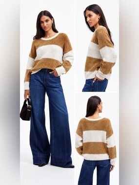 Madewell Cashmere & Cotton Blend Striped Crewneck Sweater - Cream & Tan Sz Large